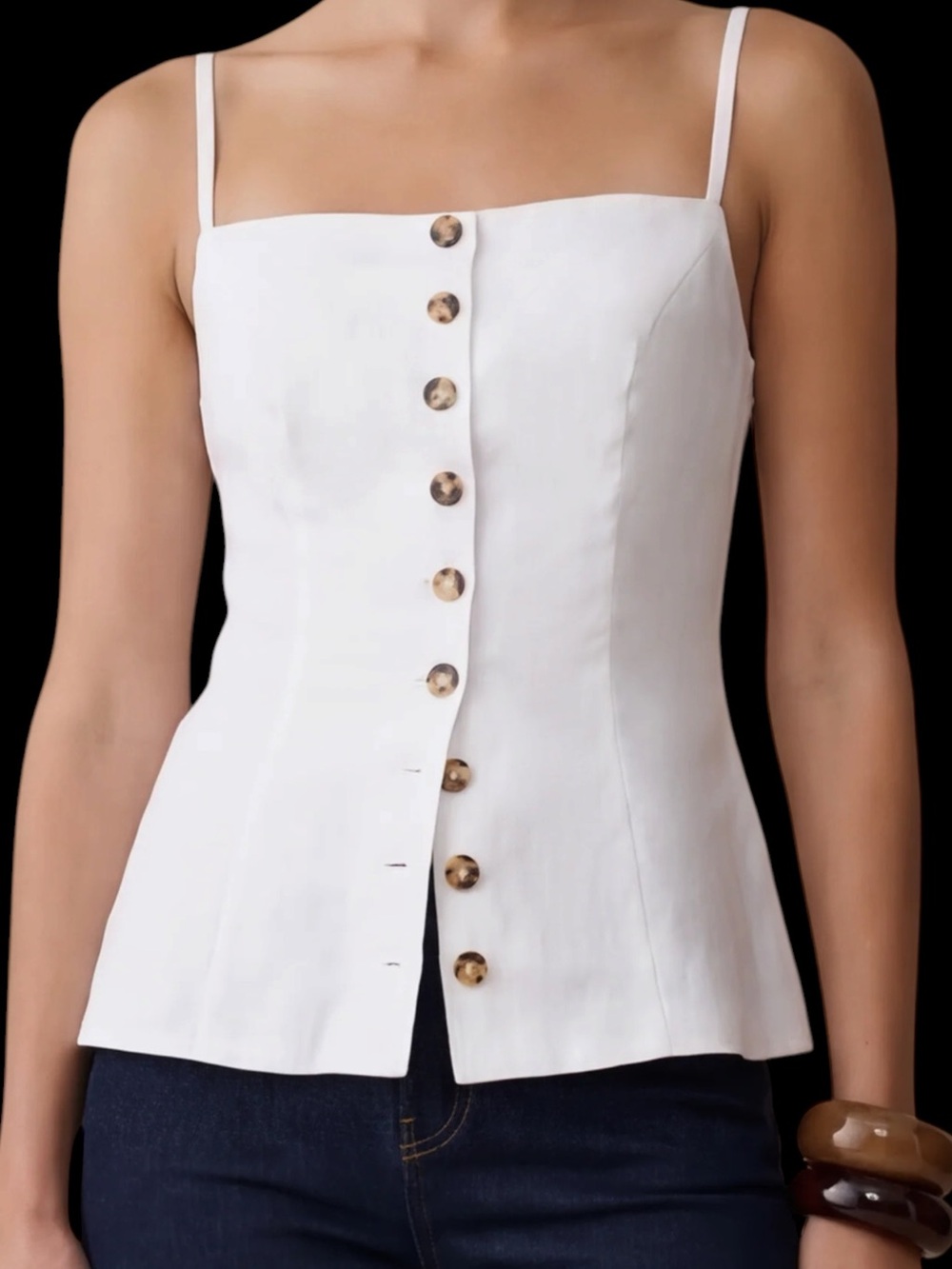 Kourt Few Moda Cecille Linen Top White Button-Front Spaghetti Straps NWT